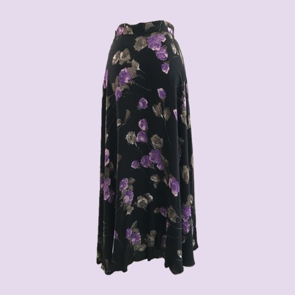 Vintage 90s ABS Black Purple Rose Floral Midi Skirt w/ Pockets Small - Picture 4 of 9